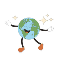 Earth in retro mascot style. Cute planet character flying with closed eyes isolated on white background. Vector globe with face illustration