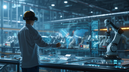 Obraz premium Smart Factory: Engineer with Futuristic Automation. Engineer with VR headset managing robotic automation and global operations interface.