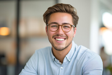 Obraz premium Cheerful Entrepreneur Portrait. Smiling young man with glasses, bright office backdrop.
