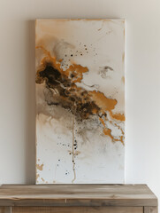 Abstract Gold and Black Fluid Art Painting. An abstract painting with gold, black, and white fluid patterns displayed on a wooden console table.