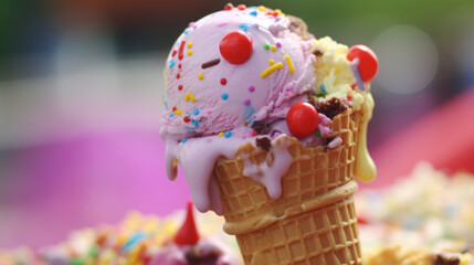 A colorful ice cream cone is melting with scoops of various flavors