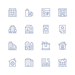 Real estate line icon set on transparent background with editable stroke. Containing condominium, city, house, apartments, realestate, building, flats, property, houserules.