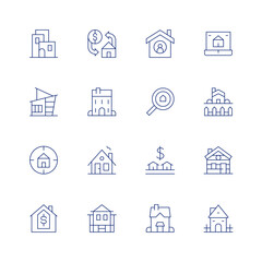 Real estate line icon set on transparent background with editable stroke. Containing mortgage, house, objective, realestate, buy, woodcabin.