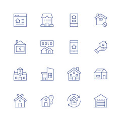 Real estate line icon set on transparent background with editable stroke. Containing house, sold, buyhome, realestate, mansion, home, refinance, mortgage, garage.