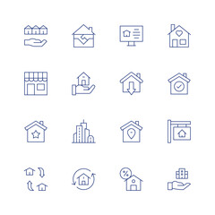 Real estate line icon set on transparent background with editable stroke. Containing shakinghands, house, building, realestate, location, bestproperty, installment, success, houseforsale.