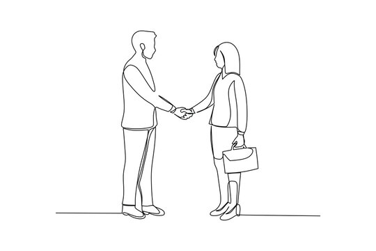 recommend clip art: Continuous line drawing of business man handshake his colleague to deal a project. Business meeting concept. Single line drawing, design vector illustration
