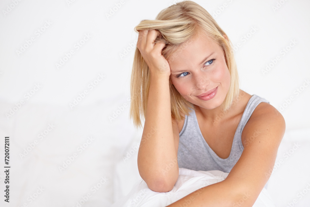 Poster Happy, woman and thinking in morning on bed and wake up with ideas for future in home. Healthy, mindset and girl relax in bedroom on calm holiday, vacation and person rest in apartment mockup