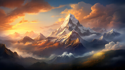 A breathtaking sunrise over towering mountain peaks, casting long shadows and revealing the serene majesty of nature when viewed from the lofty heights of the skies.