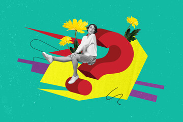 Creative drawing collage picture of funny man question mark search answer yellow flowers spring...