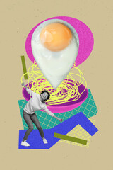 Composite collage picture image of fried egg ffood restaurant pasta eating funny female concept...