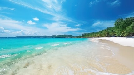 Nature's tropical beauty unfolds on the sandy beach, where the azure sea meets the blue sky in perfect harmony.