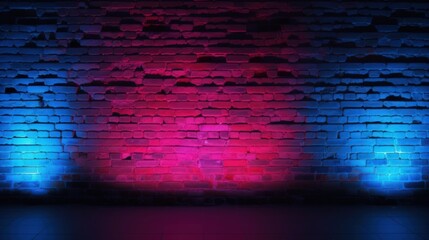 Neon lights on brick walls create a textured background with a vibrant blend of red and blue lighting effects.