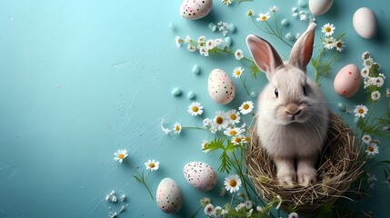 Easter Day background with easter bunny and cute easter eggs on blue background - obrazy, fototapety, plakaty