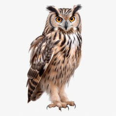 Close-up of an owl against a white background.