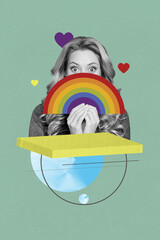 Creative drawing collage picture of rainbow dreaming surprised female heart love like concept weird...