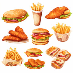 All Fast Food collection set, isolated on white background. Fried chicken, fries, pizza, sandwich, chicken nuggets, eggs and bacon, shawarma, prawns. Junk food of Fast Food set. Closeup of fast foods