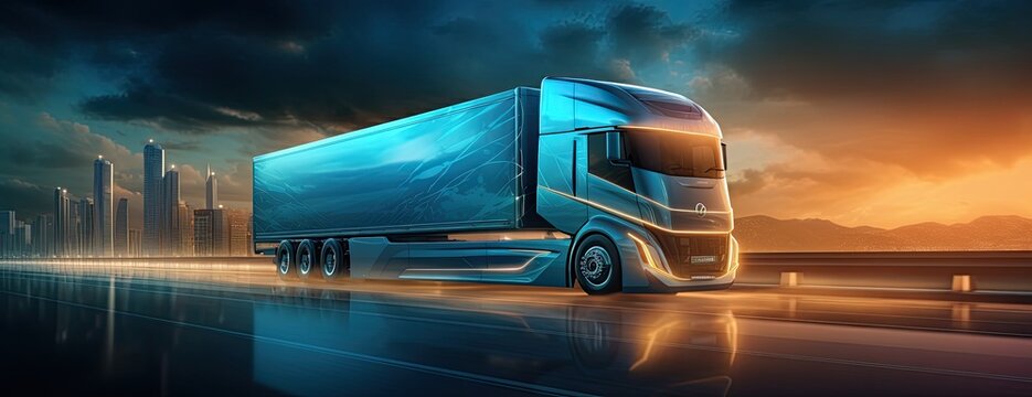 A truck is depicted driving along the road at night, its presence illuminated by the glow of streetlights.