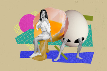 3d retro abstract creative artwork template collage of surprised female row egg legs walking concept weird freak bizarre unusual fantasy - Powered by Adobe