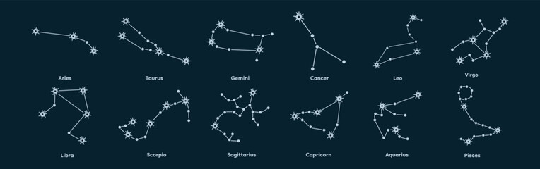 Set of constellation vector illustration. Aries, Taurus, Gemini, Cancer, Leo, Virgo, Libra, Scorpio, Sagittarius,  Capricorn, Aquarius, Pisces. Icon. Zodiac. Horoscope © Elene le13