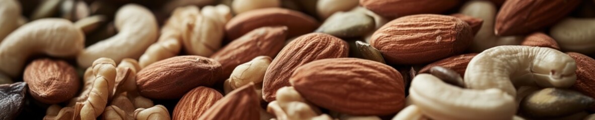 Close-up of mixed nuts and seeds, showcasing textures and natural colors, with a soft-focus background emphasizing health and nutrition - obrazy, fototapety, plakaty