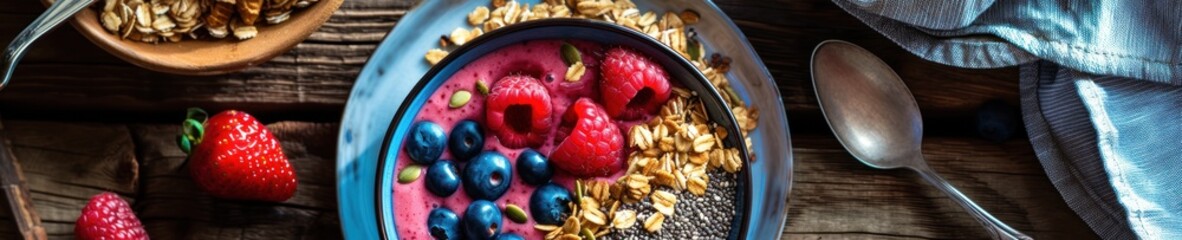 Elegant composition of superfood smoothie bowls topped with chia seeds, fresh berries, and granola, morning sunlight ambiance