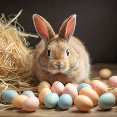 Little fluffy bunny looks at the camera while sitting next to colorful Easter eggs. Pet care concept, spring break, Easter