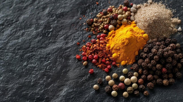 Top view of piles of colourful spices on a slate background.