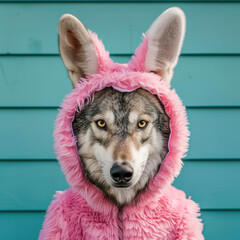Wolf in einem rosa Osterhasenkostüm 