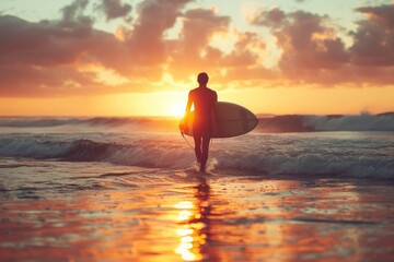 Surfer walking at sunset on the beach.