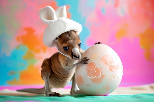 baby kangaroo celebrate Easter Day by wearing white easter rabbit ear and holding painted pastel easter egg