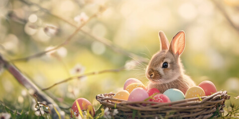Fototapeta na wymiar Bunny rabbit sitting in basket full of colorful easter eggs