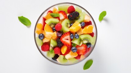 A bowl of fruit salad top view on the white table
