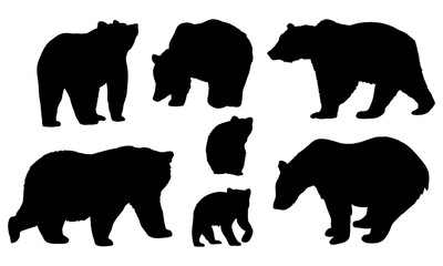Set of silhouettes of brown bears and their cubs. Realistic vector animal