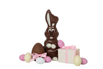 PNG, Chocolate bunny with gifts, isolated on white background