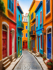 Fototapeta na wymiar Bright colored houses. Enchanting cityscapes: journey through a bustling maze of narrow alleys lined with colorful doors and windows, revealing a whimsical wonderland in the heart of the. generative A