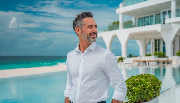 Handsome middle age businessman in a luxury tropical beach resort. White suit