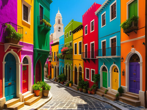 Bright colored houses. Enchanting cityscapes: journey through a bustling maze of narrow alleys lined with colorful doors and windows, revealing a whimsical wonderland in the heart of the. generative A