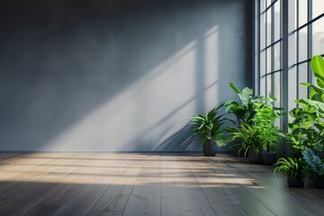 an empty room in a modern contemporary loft, lush green plants arranged on a sleek wooden floor.