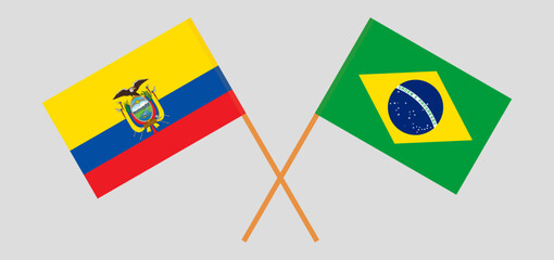 Crossed flags of Ecuador and Brazil. Official colors. Correct proportion