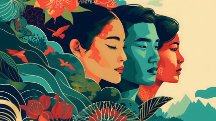 Banner for Asian American and Pacific Islander Heritage month. Beautiful horizontal banner with portrait of the AAPI women and man - obrazy, fototapety, plakaty