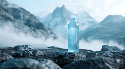 The simple pleasure of a bottle of water amidst the breathtaking scenery of mountain landscapes, providing refreshment during hikes. - obrazy, fototapety, plakaty