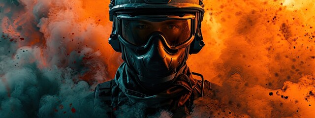 A soldier clad in military camouflage uniform, helmet, and mask, gripping a rifle with focused intent as he takes aim.