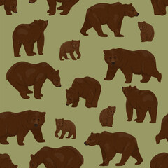 Seamless pattern with brown bears and their cubs. Realistic vector animal