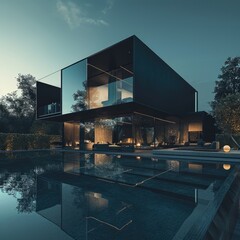 Contemporary Black and Blue Glass Villa: Luxurious Metal Cube House with Illuminated Pool and Terrace
