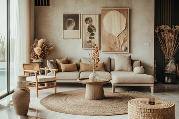 Modern Living Room Interior with Neutral Modular Sofa, Rattan Armchair, and Decorative Accents