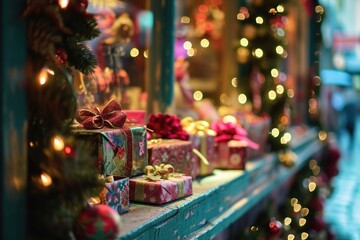 Fototapeta na wymiar Festive Shop Window Display: Christmas Gifts and Winter Treasures