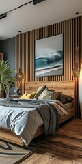 Modern Bedroom Oasis: Big Bed, Surfboard, and Relaxation