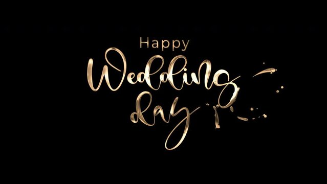 Happy wedding day text animation with alpha channel, suitable for wedding invitations, social media posts, and greeting cards. Celebration, love, joy.