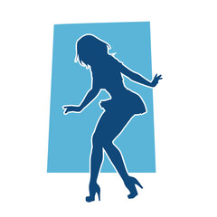 Fototapeta na wymiar Silhouette of a female dancer wearing mini skirt in action pose. Silhouette of a slim woman dancing happily.