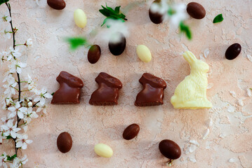 Easter chocolate  rabbit and eggs.traditional easter  dessert